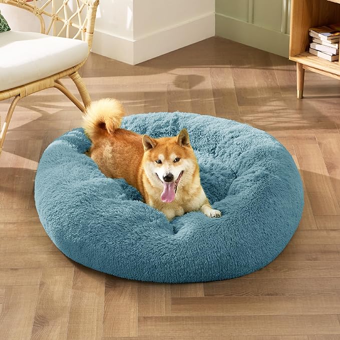 Bedsure Calming Dog Bed for Medium Dogs - Donut Washable Medium Pet Bed, 30 inches Anti-Slip Round Fluffy Plush Faux Fur Cat Bed, Fits up to 45 lbs Pets, Washed Blue