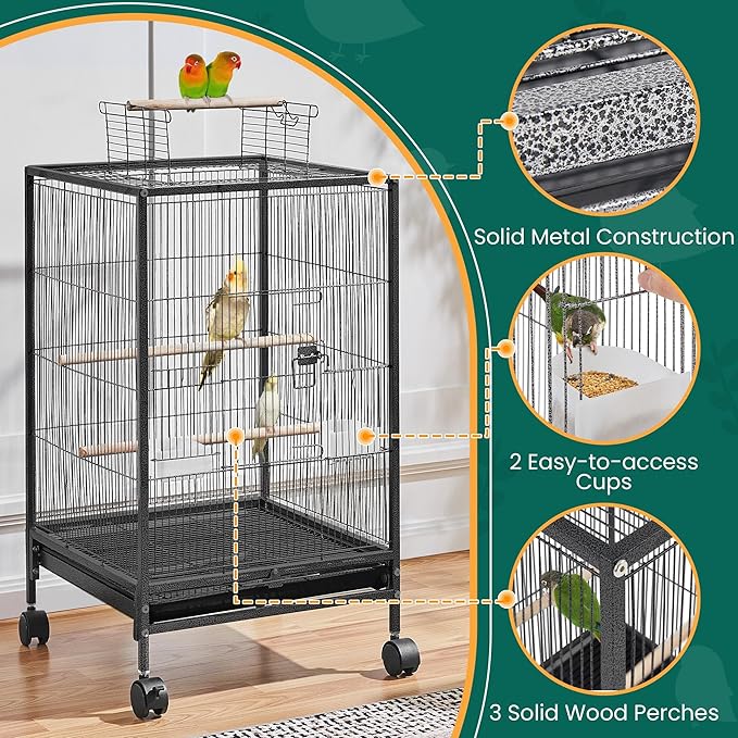 Yaheetech 35 inch Wrought Iron Bird Cage w/Play Open Top and Rolling Stand for Small Birds Like Parrots Conure Lovebird Cockatiel Lovebirds Budgies