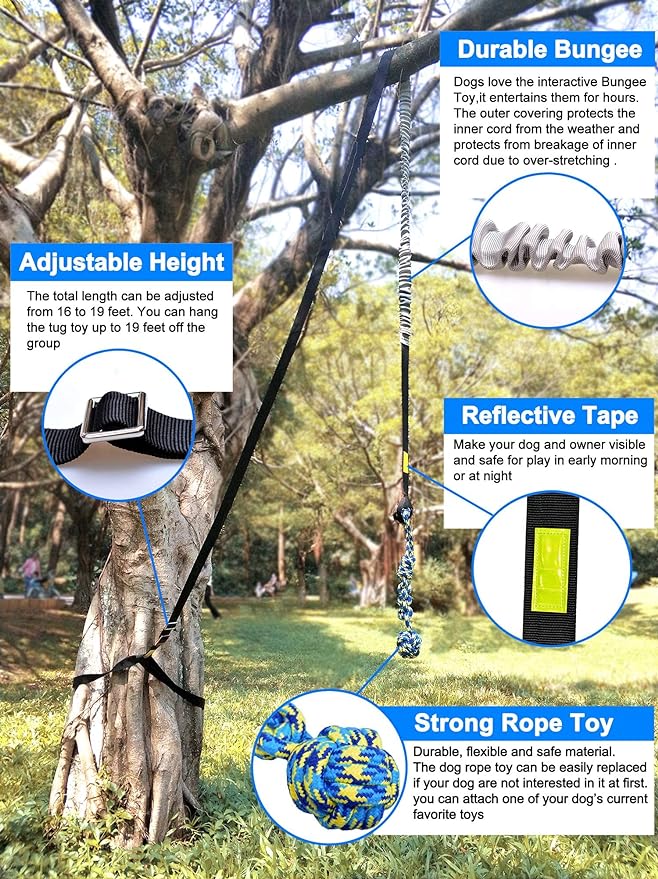 LOOBANI Outdoor Bungee Tug Toy，Dog Toy Hanging from Tree for Small to Large Dogs, Interactive Exercise Play Cord & Tether with Chew Rope Toy (Black)