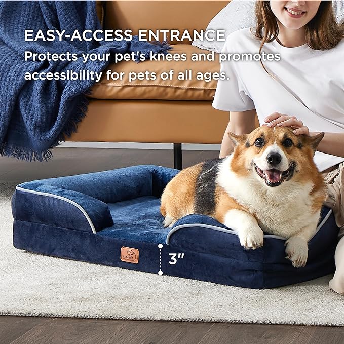 Bedsure Orthopedic Dog Bed for Large Dogs - Big Washable Dog Sofa Beds Large, Supportive Foam Pet Couch Bed with Removable Washable Cover, Waterproof Lining and Nonskid Bottom, Navy Blue