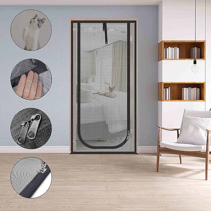 Upgraded Pet Screen Door Fits Doors Up to 32"x78",Heavy Duty Cat Proof Mesh Screen Door with Zipper Closure,Prevent Cats Running Out from Home,Bedroom,Living Room,Kitchen (U-Type,Black)