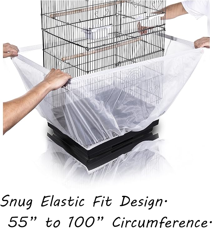 Bird Cage Seed Catcher, Large, Stretchy Form Fitting Mesh Skirt Cover for Parrot Enclosures, Light and Breathable Fabric, Prevent Scatter and Mess, Reusable, Adjustable, Lightweight, White