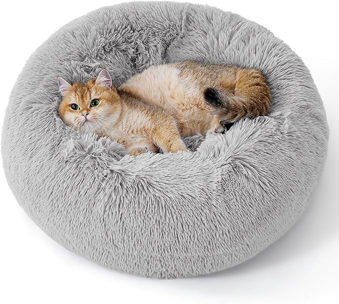 Bedsure Calming Cat Beds for Indoor Cats - Small Cat Bed Washable 20 inches, Anti-Slip Round Fluffy Plush Faux Fur Pet Bed, Fits up to 15 lbs Pets, Pale Grey