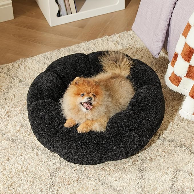 Lesure Calming Small Dog Bed - Flower Donut Round Fluffy Puppy Bed in Plush Teddy Sherpa, Non-Slip Cute Flower Cat Beds for Indoor Cats, Small Pet Bed Fits up to 25 lbs, Machine Washable, Black 23"