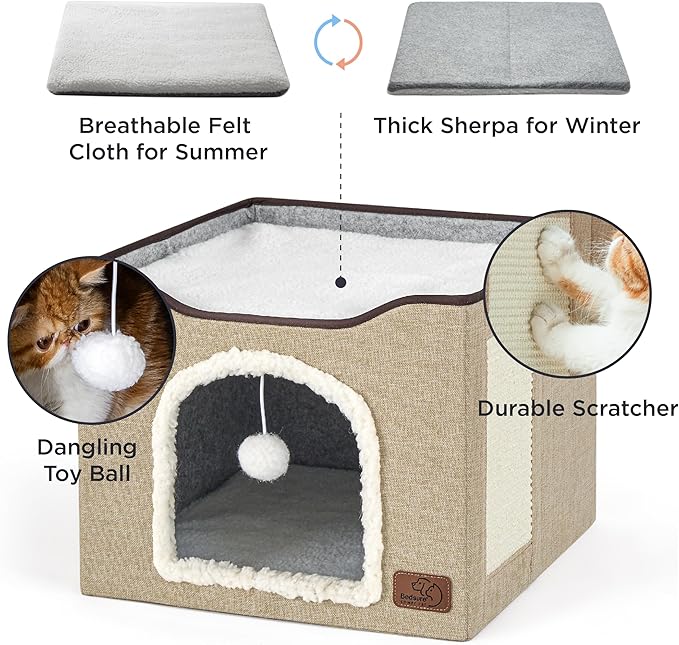 Bedsure Cat Beds for Indoor Cats - Large Cat Cave for Pet Cat House with Fluffy Ball Hanging and Scratch Pad, Foldable Cat Hideaway,16.5x16.5x13 inches, Brown