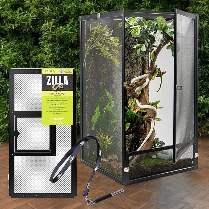 Reptile Pet Terrarium Cover, 20x10 Inch - Fresh Air Screen Cover with Hinged Door for Easy Access, Fits Large Tanks + Moofin SS Pet Training Whistle, Steel Wire Construction [Pack of 3]