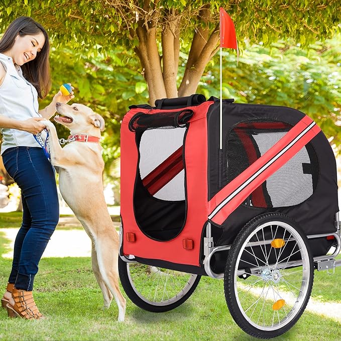 Bike Dog Trailer Folding Cart Frame with 3 Entrances Safety Flag 8 Reflectors, 20" Rear Wheels, Quick Conversion Bicycle Carrier for Medium Small Pets