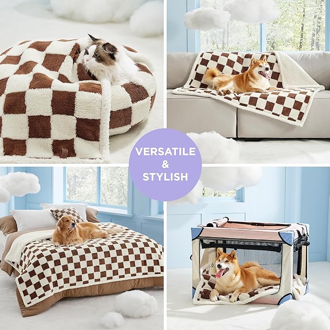 Lesure Waterproof Dog Blanket for Medium Dogs - Washable Double Sided Dog Blankets with Warm Jacquard Shag and Soft Sherpa Fleece, Pet Cat blanket for Couch Protection, 3D Textured Checks, Brown