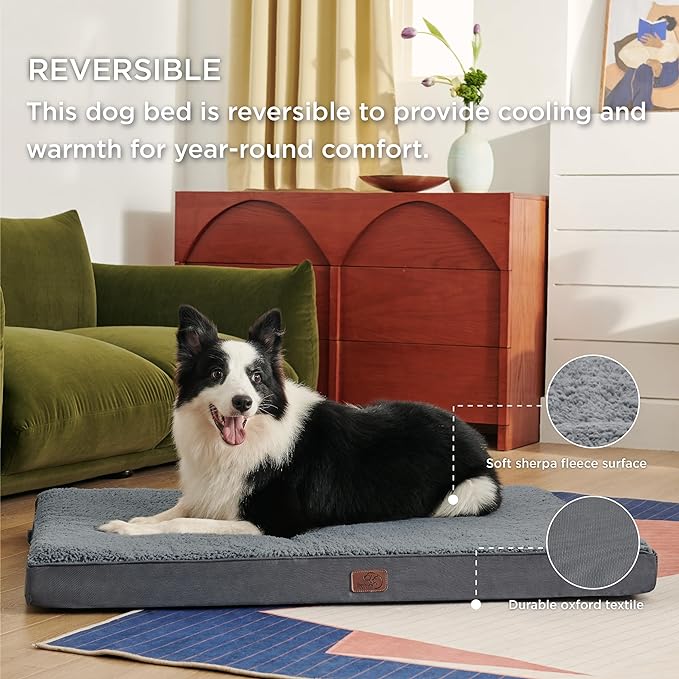 Bedsure Extra Large Dog Crate Bed - Big Orthopedic Waterproof Dog Beds with Removable Washable Cover for Large Dogs, Egg Crate Foam Pet Bed Mat, Suitable for Dogs Up to 100 lbs, Dark Grey