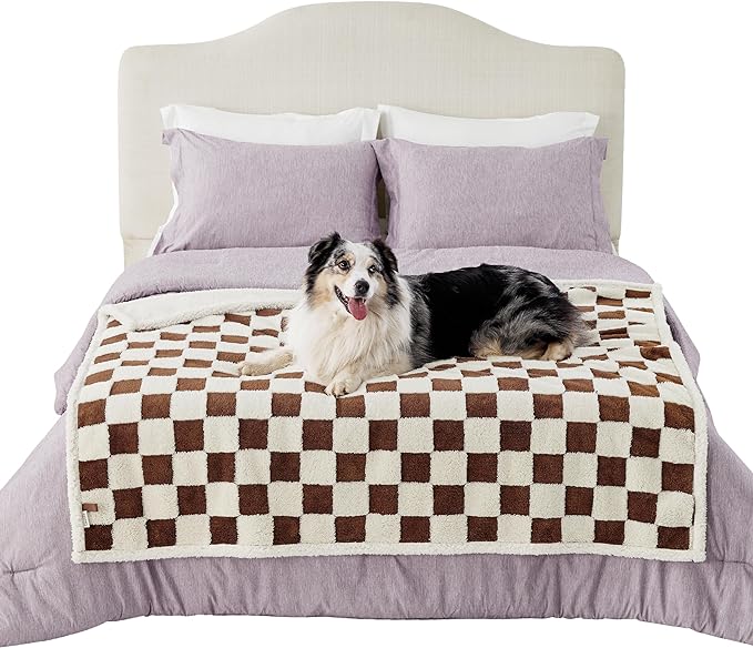 Lesure Waterproof Dog Blanket for Large Dogs - Washable Double Sided Dog Blankets with Warm Jacquard Shag and Soft Sherpa Fleece, Pet Cat Blanket for Couch Protection, 3D Textured Checks, Brown