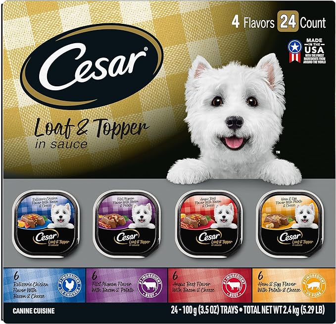 CESAR Adult Wet Dog Food Loaf in Sauce Rotisserie Chicken, Filet Mignon, Angus Beef, and Ham & Egg Flavors Variety Pack, 3.5 oz. Easy Peel Trays, (Pack of 24)