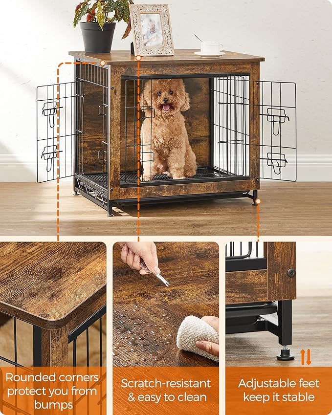 Feandrea Dog Crate Furniture, Side End Table, Modern Kennel for Dogs Indoor up to 30 lb, Heavy-Duty Dog Cage with Multi-Purpose Removable Tray, Double-Door Dog House, Rustic Brown UPFC001X01