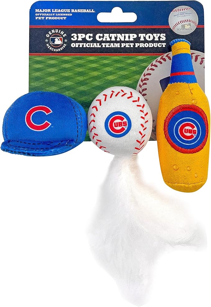 BEST PLUSH CAT TOY: MLB CHICAGO CUBS Complete Set of 3 piece Cat Toys filled with Fresh Catnip. Includes: 1 Baseball Cap Cat Toy, 1 Baseball Cat Toy with Feathers & 1 Beer Bottle. Beautiful Team LOGOS