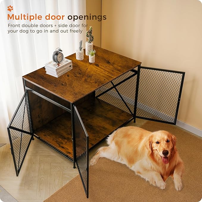 DWANTON Dog Crate Furniture, 42.5" L Three-Door Wooden Dog Kennel Indoor, Connectable expansion, Wooden Dog Crate Table for Small/Medium/Large Dog, Dog House, Dog Cage Large, Rustic Brown