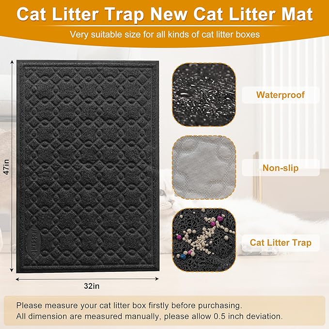 Cat Litter Box Mat, 47" x 32" XL Large Kitty Litter Trapping Mat Keep Floor Clean, Litter Box Mat Scatter Control, Waterproof, Easy to Clean, Durable Large Size Litter Mats for Floor