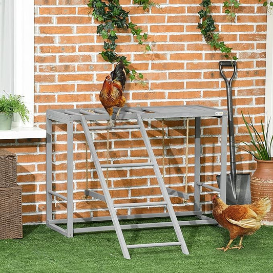 NicBex 27.5" Chicken Activity Play with Multiple Chicken Perches & Hen Ladder,Wooden Chicken Coop Accessory with Swing Set for 3-4 Birds,Parrot Finches Parakeets Budgie Parrotlet Conures,Gray