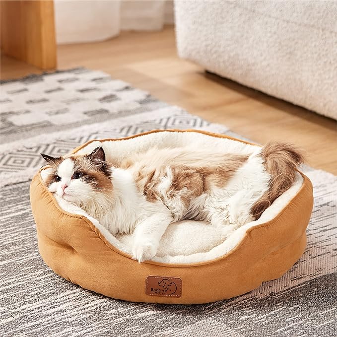 Bedsure Dog Beds for Small Dogs - Round Cat Beds for Indoor Cats, Washable Pet Bed for Puppy and Kitten with Slip-Resistant Bottom, 20 Inches, Yolk Yellow