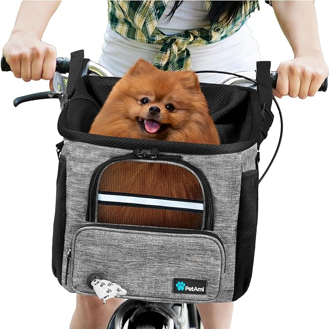 PetAmi Dog Bike Basket, Soft-sided Ventilated Dog Bike Carrier Backpack, Dog Pet Bicycle Basket for Bike Handlebar, Small Medium Puppy Cat Kitten Car Booster Seat with Safety Strap (Gray)