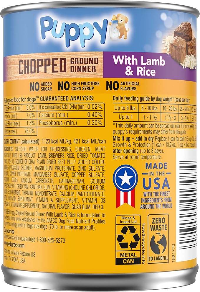 PEDIGREE CHOPPED GROUND DINNER Puppy Canned Soft Wet Dog Food With Lamb & Rice, 13.2 oz. Cans (Pack of 12)