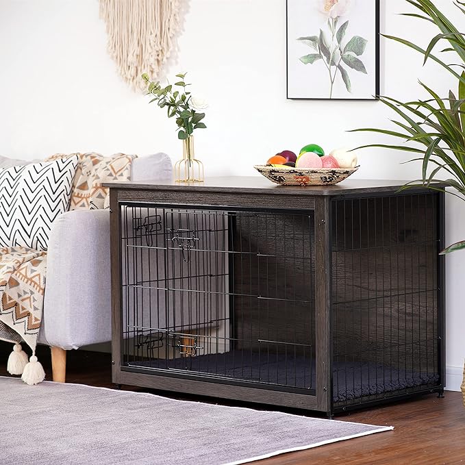 DWANTON Dog Crate Furniture with Cushion, Large Wooden Dog Crate with Double Doors, Dog Furniture, Indoor Dog Kennel, End Table, Large, 38.5" L, Dark Grey