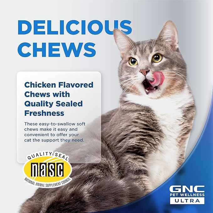 GNC Pets Ultra Skin & Coat Soft Chews, Cats, Chicken Flavor. 60-ct in an 8-oz Canister | Skin and Coat Supplements for Cats in Chewable Chicken Flavor