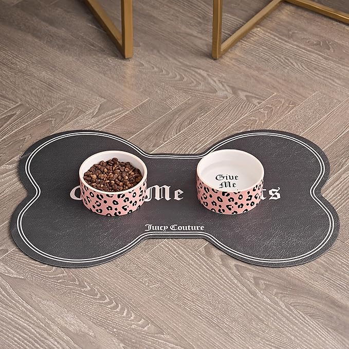 Juicy Couture Give Me Treats Pet Placemat - Bone Shaped - Black -16"x24" - Dog & Cat Food Mat