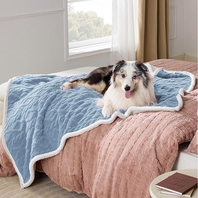 Bedsure Waterproof Dog Blankets for Large Dogs - Pet Blanket for Couch Protector Washable, Premium Jacquard Coral Fleece Cat Throw Blanket, Soft Reversible Furniture Protection, 50"x60", Light Blue