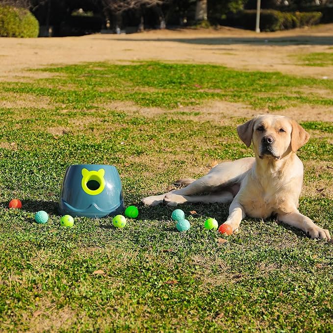 Automatic Ball Launcher for Dogs, 4 Launch Distance Modes, 2-inch Small Balls Included, Suitable for Small to Medium Sized Dogs (Blue with Tennis Balls)