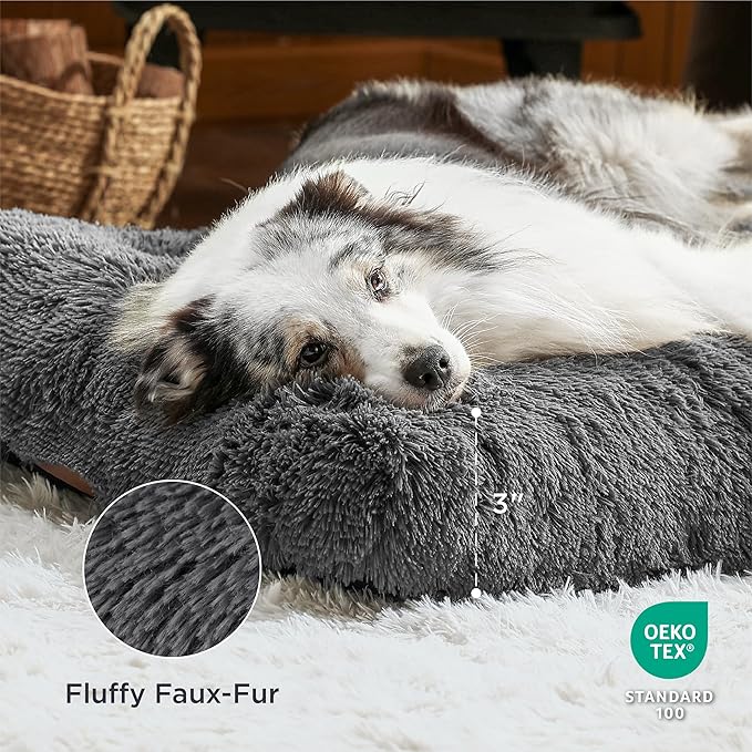 Bedsure Large Dog Bed Washable, Plush Calming Dog Crate Beds for Large Breed, Fulffy Dogs Sleeping Mat, Anti-Slip Pet Kennel Pad, 35" x 23", Dark Grey