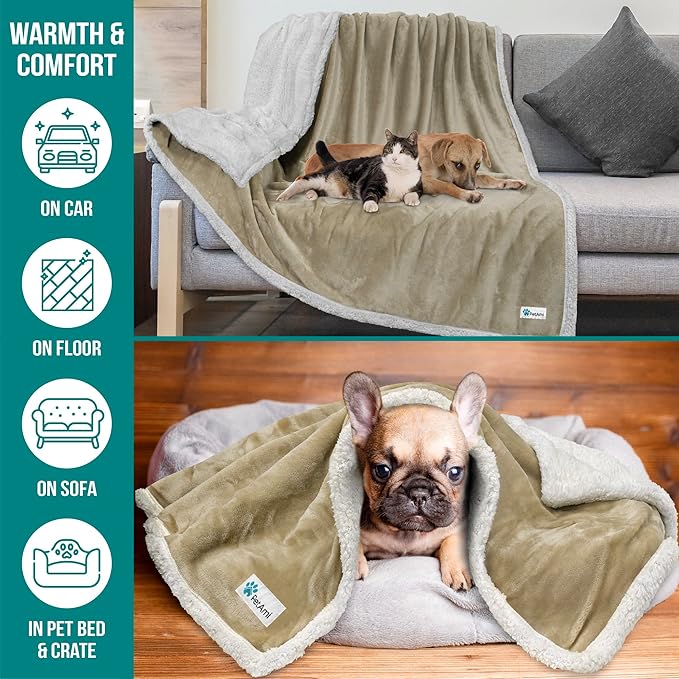 PetAmi WATERPROOF Dog Blanket for Bed, XL Dog Pet Blanket Couch Cover Protector, Sherpa Fleece Leakproof Blanket for Crate Kennel Sofa Furniture Queen Bed Protection Reversible Soft Plush 90x90 Taupe