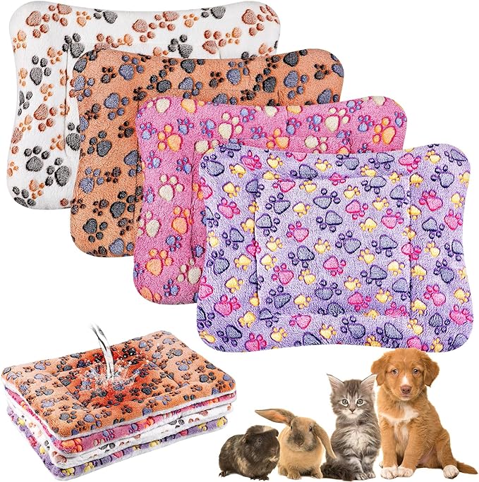 4 Pcs Waterproof Guinea Pig Bedding Winter Guinea Pig Plush Cage Liners Soft Dog Cat Bed Mat Reversible Cozy Animal Pee Pad Hamster Bed Mat Washable for Bunny (Paw,13 x 18.5 Inch)