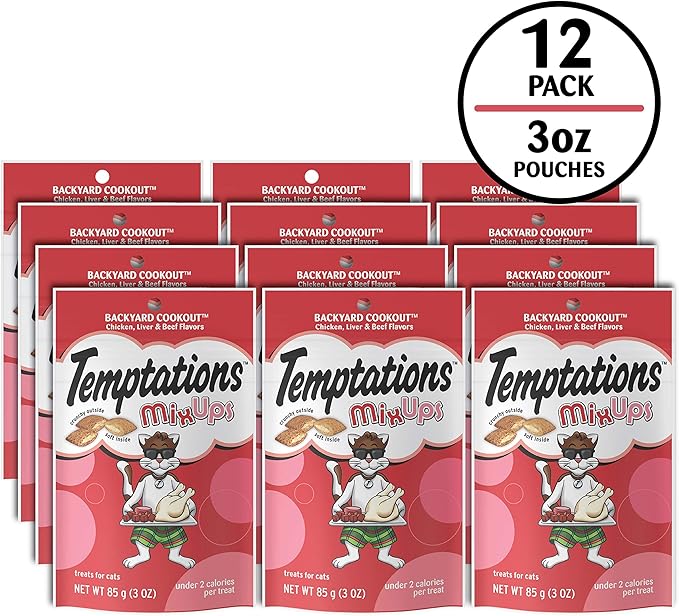 TEMPTATIONS MIXUPS Crunchy and Soft Cat Treats Backyard Cookout Flavor, (12)Count, 3 oz. Pouches (Pack of 1)