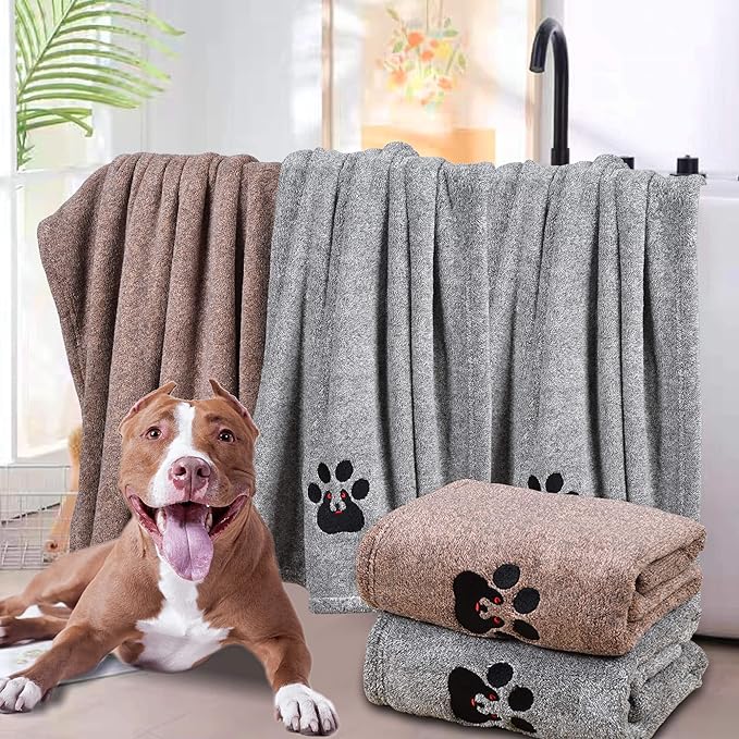 Dog Towels for Drying Dogs - Pack of 2 - Super Absorbent Soft Microfiber Pet Bath Grooming Towel for Dogs and Cats & Other Pets (M-36" * 28", Grey and Brown)