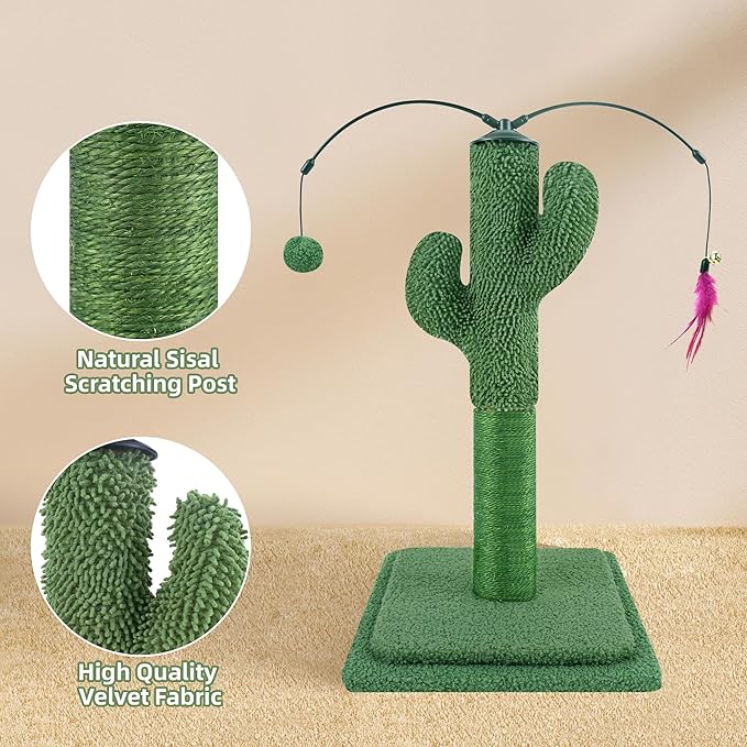 23.6" Cat Scratching Post, Cactus Cat Scratcher with Natural Sisal Rope for Indoor Cats, Claw Scratcher Green Cat Tree with Dangling Balls and Feather for Small Cats Kittens