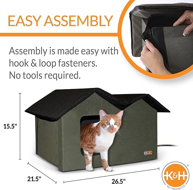 K&H Pet Products Outdoor Heated Cat House Extra-Wide Cat Shelter for Two, Olive, 26.5 X 21.5 X 15.5 Inches