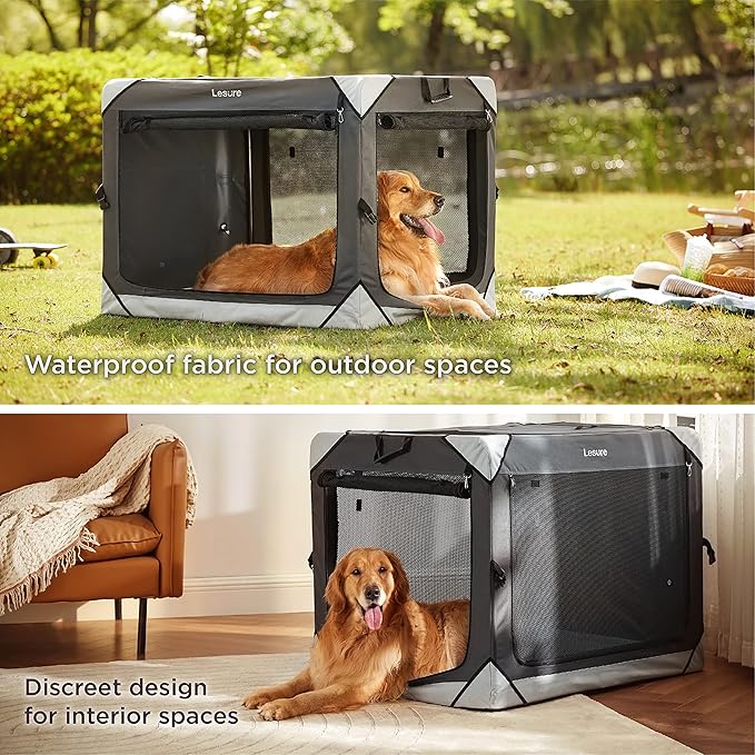 Lesure Collapsible Dog Crate - Portable Dog Travel Crate Kennel for Large Dog, 4-Door Pet Crate with Durable Mesh Windows, Indoor & Outdoor (Charcoal Gray)
