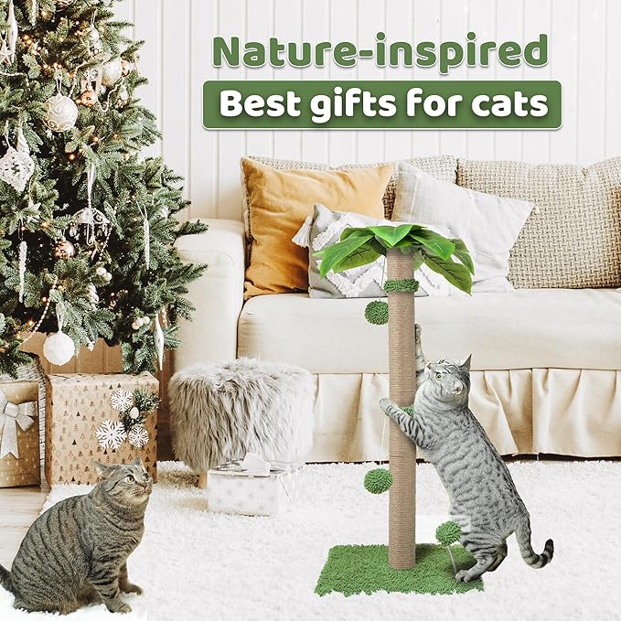 Cat Scratching Post, 34'' Tall Cat Scratchers for Indoor Cats, Cute Cat Tree Scratch Post for Large Cats and Kittens, Green