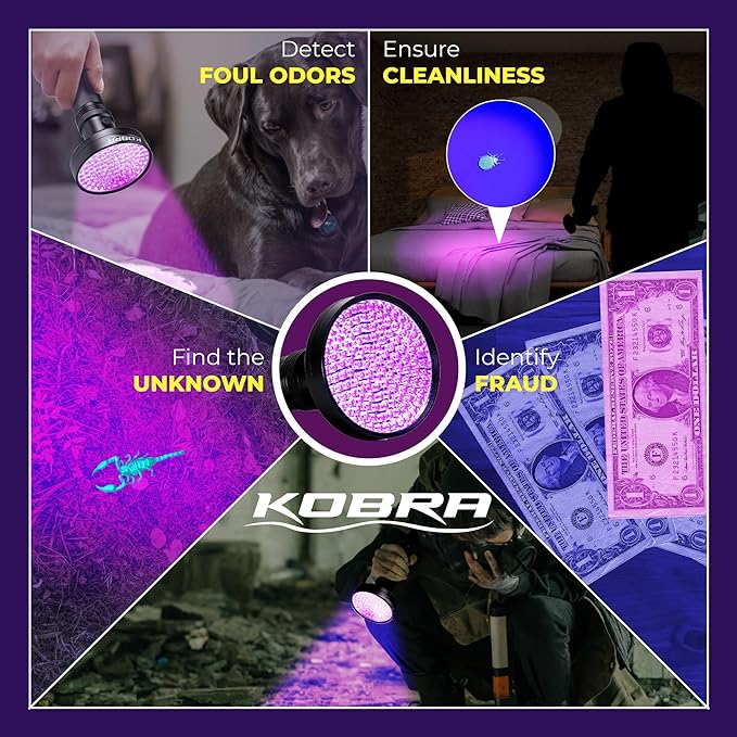 Kobra Black Light Flashlight 128 LED Lamp and Blacklight for Home & Hotel Inspection, Pet Urine & Stains - Ultra Intensity 18W 385-395nm LEDs Spot Counterfeit Money, Leaks, Scorpions (128 LED) (Black)