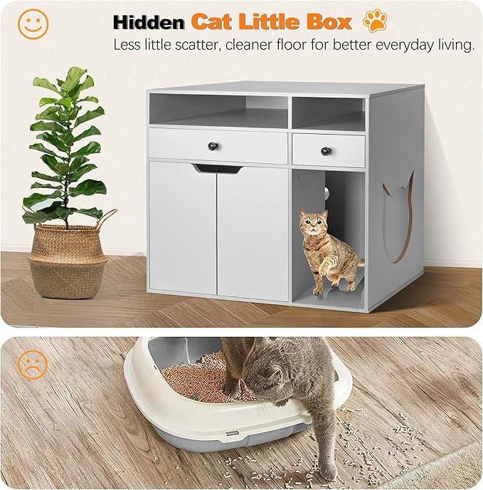 DOUSY- Wooden Cat Litter Box Enclosure, Hidden Litter Box Furniture Enclosed Cat Washroom Storage Cabinet with Storage Drawers, Open Compartments, Air Vents, for Living Room, Bedroom, Grey