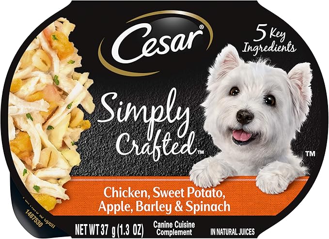 CESAR SIMPLY CRAFTED Adult Wet Dog Food Meal Topper, Chicken, Sweet Potato, Apple, Barley & Spinach, 1.3oz., Pack of 10