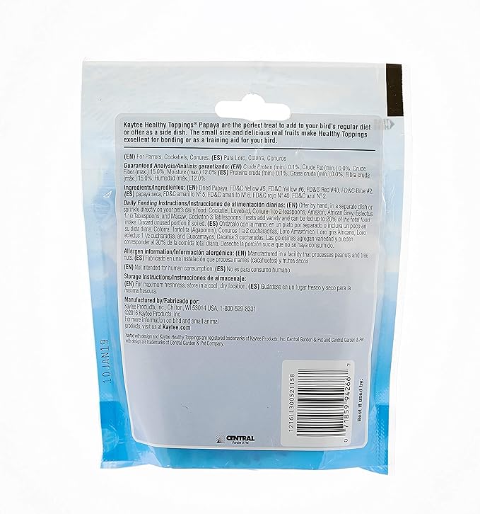 Kaytee Fiesta Healthy Toppings Papaya Bits For All Pet Birds, 2.5-Oz Bag