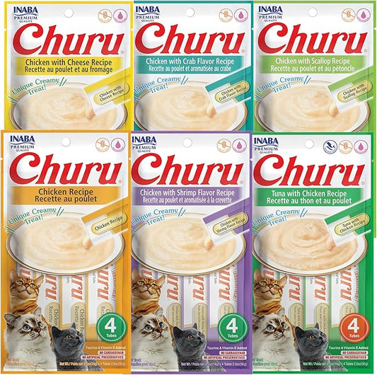 INABA Churu Cat Treats, Grain-Free, Lickable, Squeezable Creamy Purée Cat Treat/Topper with Vitamin E & Taurine, 0.5 Ounces Each Tube, 24 Tubes (4 per Pack), Six Flavor Variety Pack