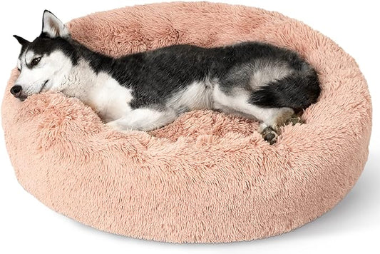 Bedsure Calming Dog Bed for Large Dogs - Donut Washable Large Pet Bed, 36 inches Anti-Slip Round Fluffy Plush Faux Fur Dog Bed, Fits up to 100 lbs Pets, Pink