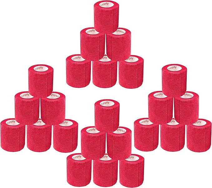 2 Inch Vet Wrap Tape Bulk (Red) (Pack of 24) Self Adhesive Adherent Adhering Flex Bandage Grip Roll for Dog Cat Pet Horse