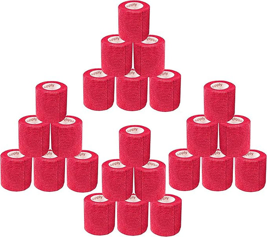 2 Inch Vet Wrap Tape Bulk (Red) (Pack of 24) Self Adhesive Adherent Adhering Flex Bandage Grip Roll for Dog Cat Pet Horse