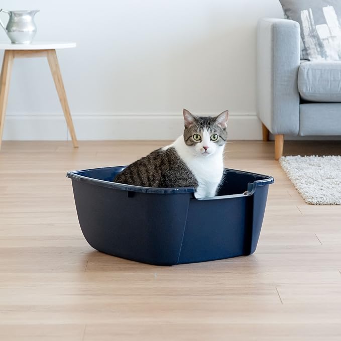 IRIS USA Jumbo Cat Litter Box with Scoop, Open Top High Sided Kitty Litter Pan, Navy