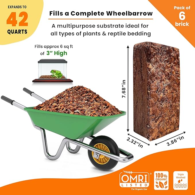 Coco Husk Chips Brick 6-Pack Expands Upto 42 Quarts Coconut Coir Chip 6.6lb, Best Mulching Medium for Plants - Gardening Potting Soil Mix, Orchid Bark Alternative - OMRI, Low EC, Balanced pH
