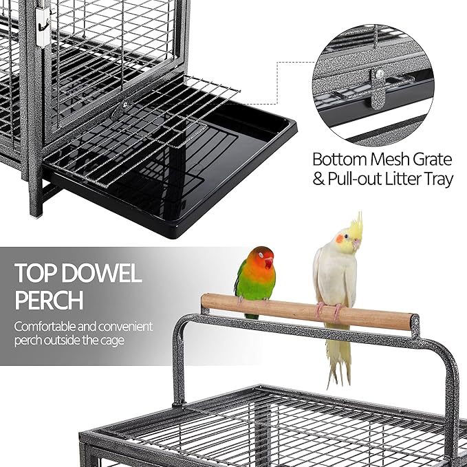 Yaheetech 25.5'' Wrought Iron Bird Travel Carrier Cage Parrot Cage with Handle Wooden Perch & Seed Guard for Small Parrots Canaries Budgies Parrotlets Lovebirds Conures Cockatiels