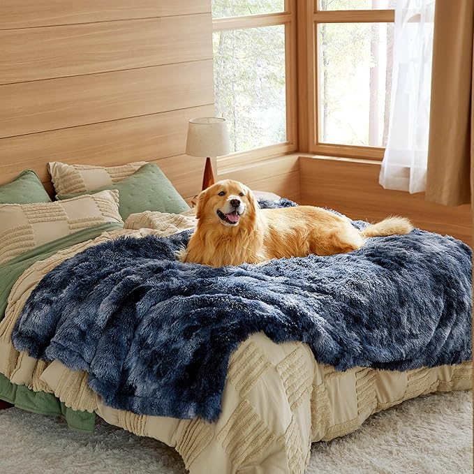 Bedsure Waterproof Dog Blankets for Large Dogs - Calming Cat Blanket for Bed Couch Protector Washable, Long Faux Fur Pet Throw Blanket for Puppy, Reversible Furniture Protection, 60"x80", Tie-dye Navy