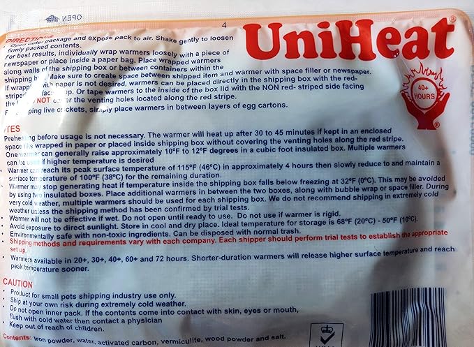 Uniheat Shipping Warmers, Heat Packs, 40 Hour - 24 Pack, for Overnight Shipping of Live Pets - Reptiles, Fish, Corals, Chicks, Insects, etc. + FREE 20 Hour Heat Pack Included!